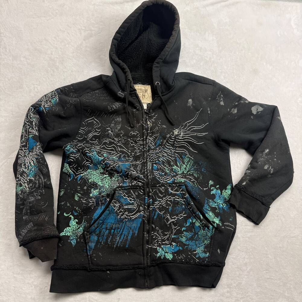 Route 66 Men's Black Zip Hoodie Size L Faux Fur Sherpa Lined Cyber Grunge Y2K